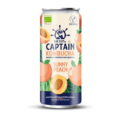 The Gutsy Captain Kombucha Sunny Peach fermentoitu juoma LUOMU tölkki