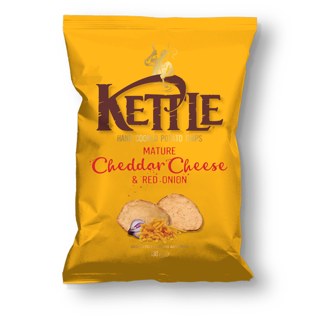 Kettle Mature Cheddar Cheese & Red Onion – kypsytetyllä cheddarilla ja punaisella sipulilla maustetut perunalastut