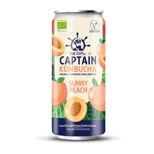 The Gutsy Captain Kombucha Sunny Peach fermentoitu juoma LUOMU tölkki