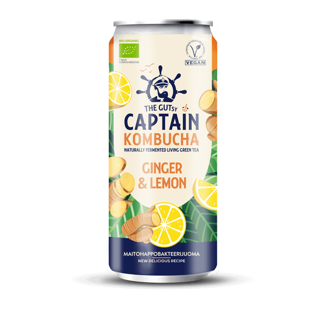 The Gutsy Captain Kombucha Ginger-Lemon fermentoitu juoma LUOMU tölkki